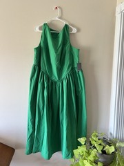 Eloquii Size 24 Plus Green Solid Pleated A-Line Midi Dress Scoop Neck Zip
