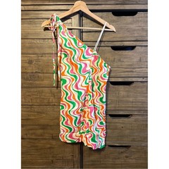 Zara One Shoulder Abstract Print Mini Dress XS Pink Orange Green Retro Swirl
