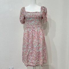 Roxy Womens Y2K Pink Green Floral Smocked Puff Sleeve Mini Summer Dress Size M
