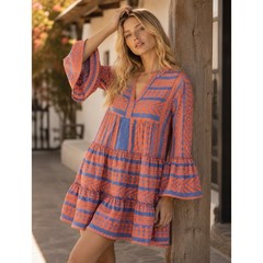 Devotion Twins Embroidered Orange Chambray Blue Embroidered Mini Dress XS