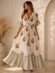 Boho Maxi Dress Women One Size Embroidered Tassel V-Neck Resort Vacation Beach