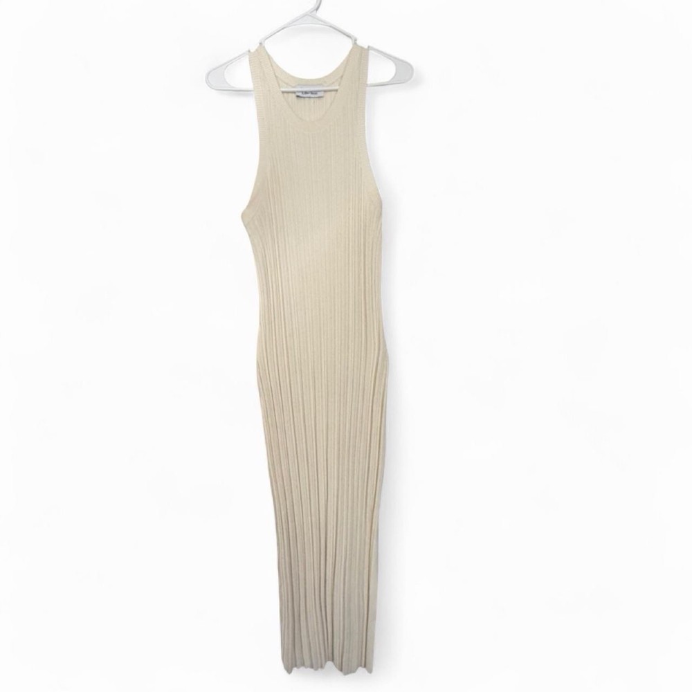 & Other Stories Beige Ribbed Knit Sleeveless Bodycon Midi Dress Round Neck S