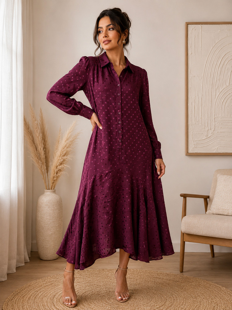 Albaray Burgundy Jacquard Spot Button Midi Maxi Dress UK 12 RRP £119