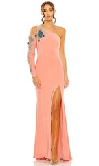 Mac Duggal Peach Multi One Shoulder Long Sleeve Embellished Gown Size 4 $598