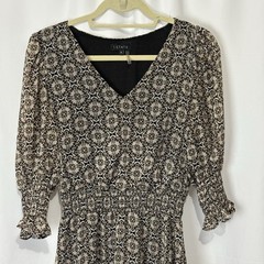1State Paisley Printed V Neck Ruched Metallic Thread Boho Midi Dress Modest Sz S