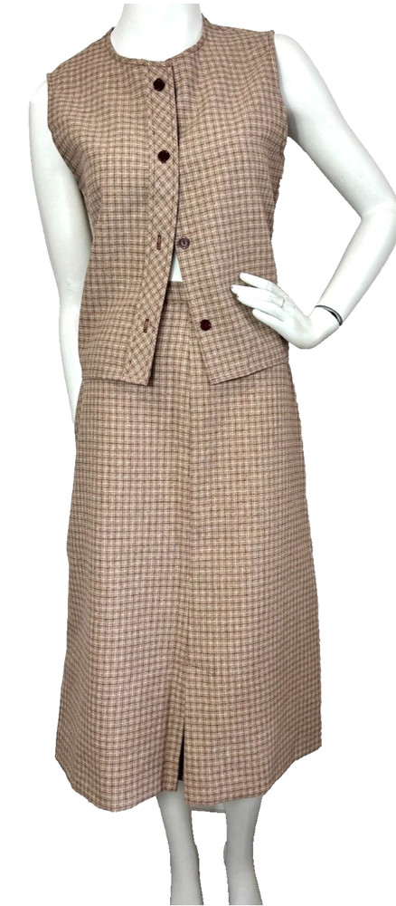60s-70s Plaid Vest Top Skirt Set Size Small Career Guild Vintage Midi Brown Red