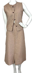 60s-70s Plaid Vest Top Skirt Set Size Small Career Guild Vintage Midi Brown Red