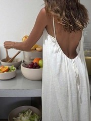 Spaghetti Strap Dress Side Pockets Backless Slit Hem Casual Cami Maxi Long