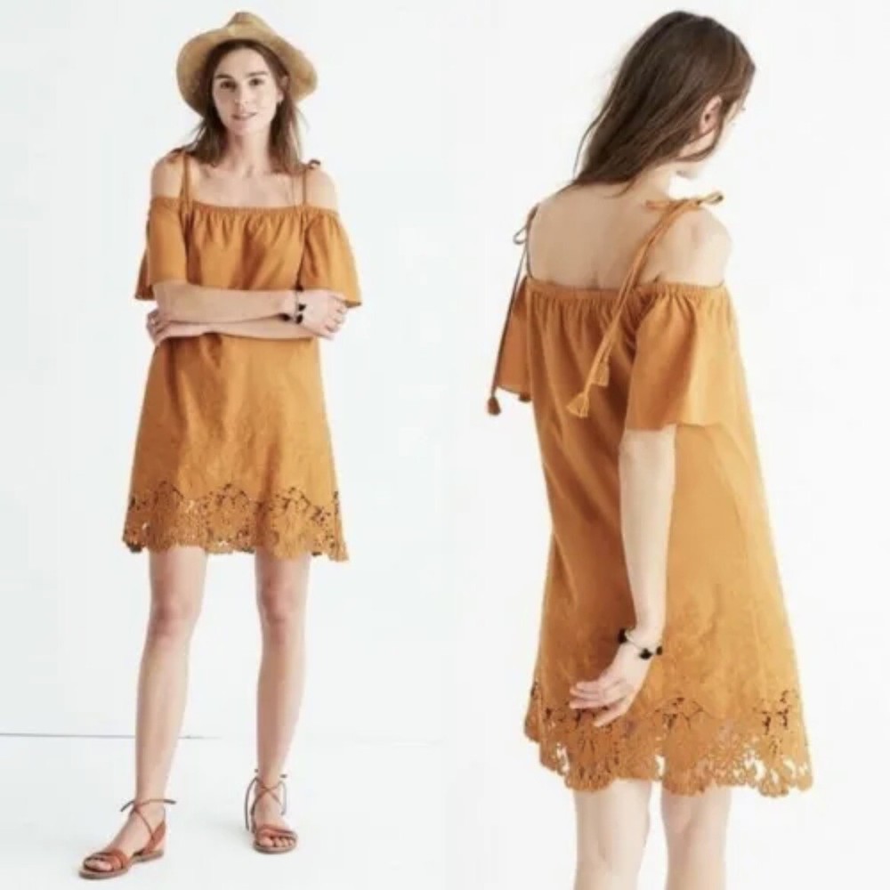 Madewell Eyelet Embriodered Cold Shoulder Dress Burnt Orange Cotton Size XXS
