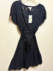 Vertigo Paris Black Floral Lace Sheer V-Neck A-Line Tie Knee Dress L VT30686