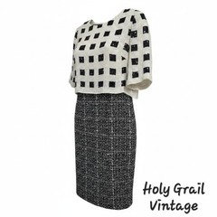 St John Black & White Silk Wool Tweed Scoop Neck Hand Beaded Cocktail Dress 10