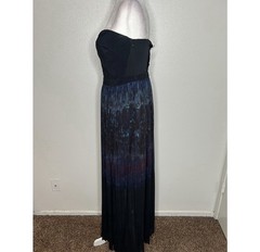 Silence + Noice Black & Blue Strapless Pleated Maxi Dress Front Slit Size 8