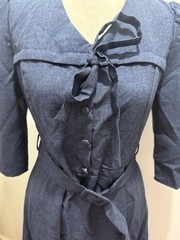 Elegant Blue Knee-Length Dress with Fabric Belt, Bow Tie Neckline, and Button-Up