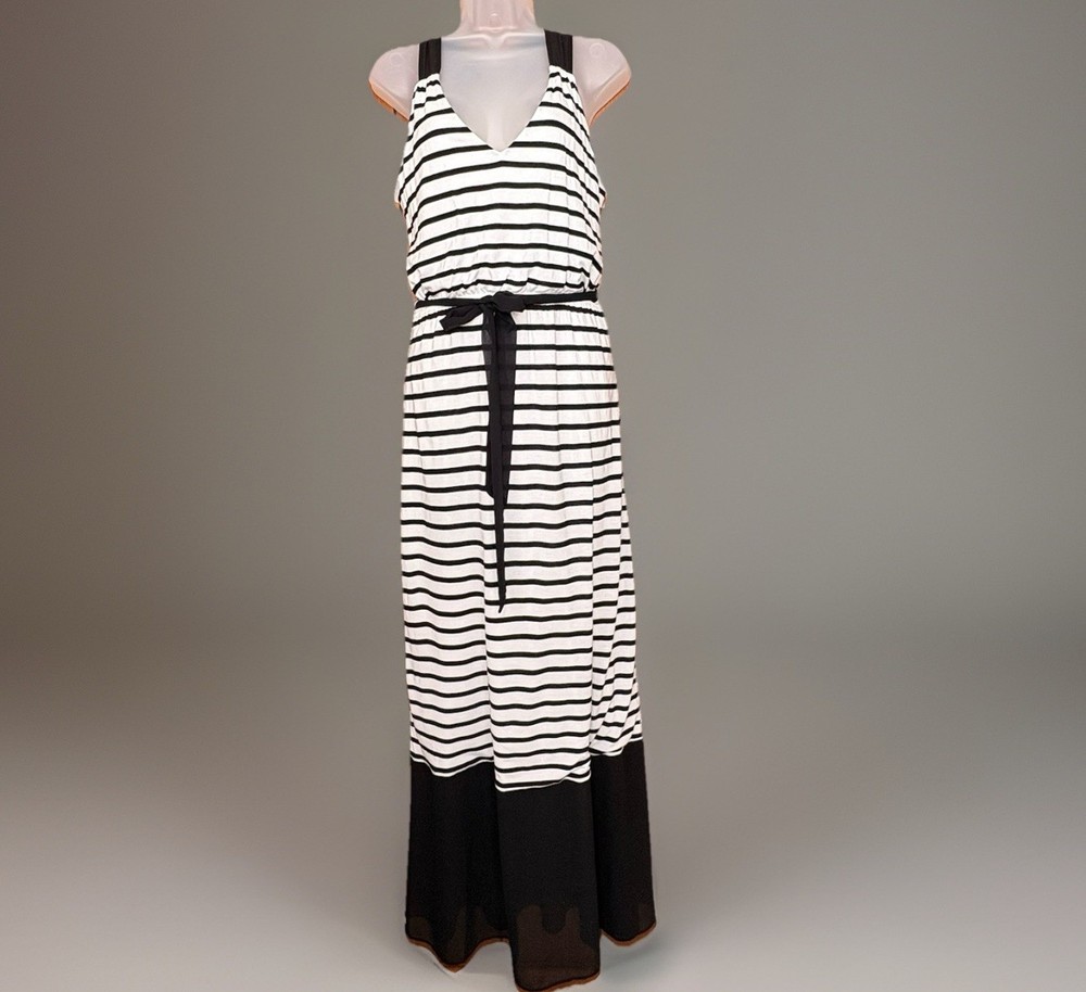 Express Halter Maxi Dress Women M Black White Striped Chiffon Hem Boho Nautical