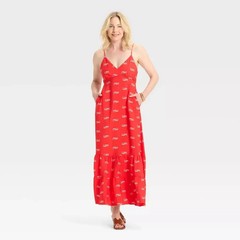 A New Day Women&rsquo;s Open Back Maxi Dress with Pockets Red/White Fish Size XL