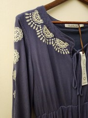 Solitaire Blue Crape Embroidered Lined Dress Boho Peasant Cottagecore Size L