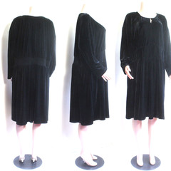 Black Velvet Dress 3X Plus Peasant Poly Nylon Stretch LS Knee Length Terra Sky