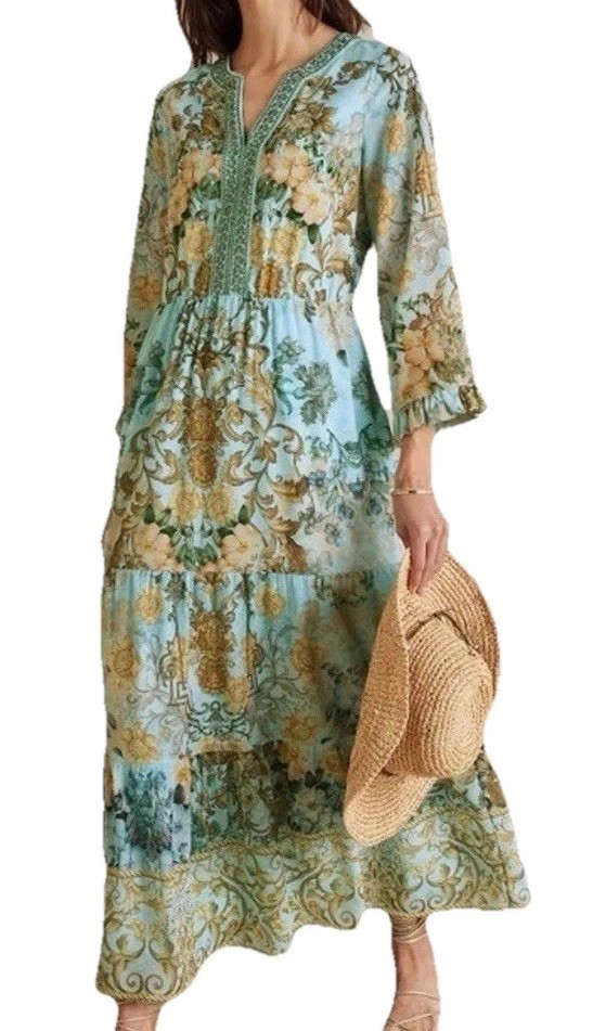 NWT Soft Surrounding Gilded Baroque M Blue Multi Floral Bohemian Beaded Resort