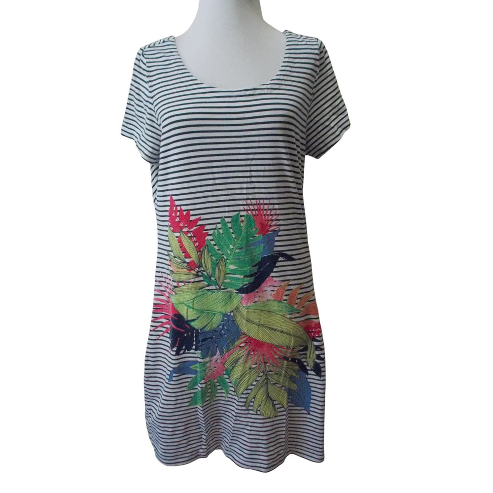 TOMMY BAHAMA Navy & White Striped w/ Tropical Flower Print T-Shirt Dress Sz M