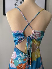 Lulus Blue Floral Satin Cowl Neck Backless Tie Strap Midi Dress XL