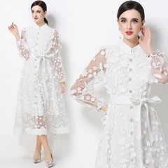 Flowers Applique Embroideried Mock Neck Bow Hollow Out Women Casual Shirt Dress
