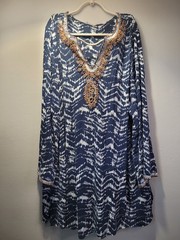 Soft Surroundings Blue/White Abstract Beaded Sequin V-Neck A-Line Knee Dress 1X