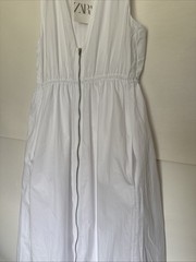 Zara Women Midi Dress White Front Full Zipper Sleeveless Side Pockets SizeL NWT