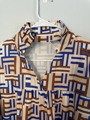 Geometric Print Dress, Short Stand Up Collar, V- Neck, 3/4 Balloon Sleeves