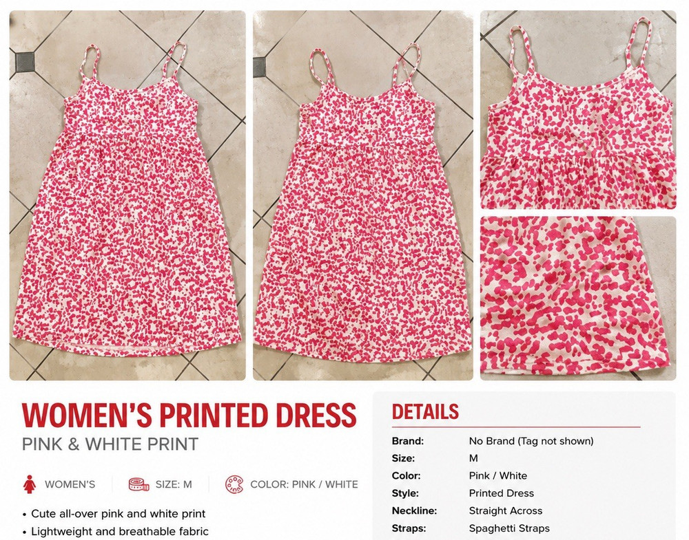 Women’s Pink & White Abstract Sundress M, Knee-Length Straight Neck Lightweight