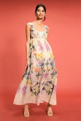 Marchesa Rosa Ramie Maxi Dress Floral Print Multicolor Gown, Size 4, Retail $595