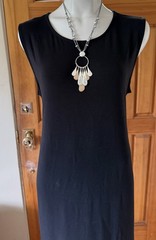 Eileen Fisher L (XL) Black MINIMALIST pull on TIE MIDI DRESS stretch jersey 45&Prime;