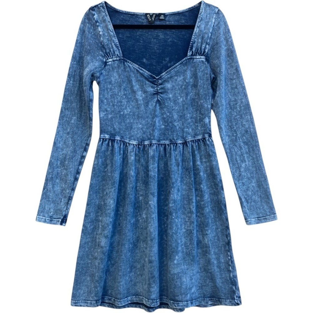 Roxy Women Dress Medium Blue Acid Wash Long Sleeve Sweetheart Neck Cotton