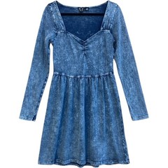 Roxy Women Dress Medium Blue Acid Wash Long Sleeve Sweetheart Neck Cotton
