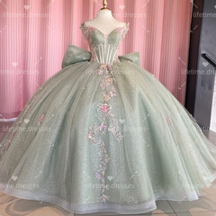 Glitter Quinceanera Dresses with Bow Sweet 16 Sage Green XV Party Ball Gowns