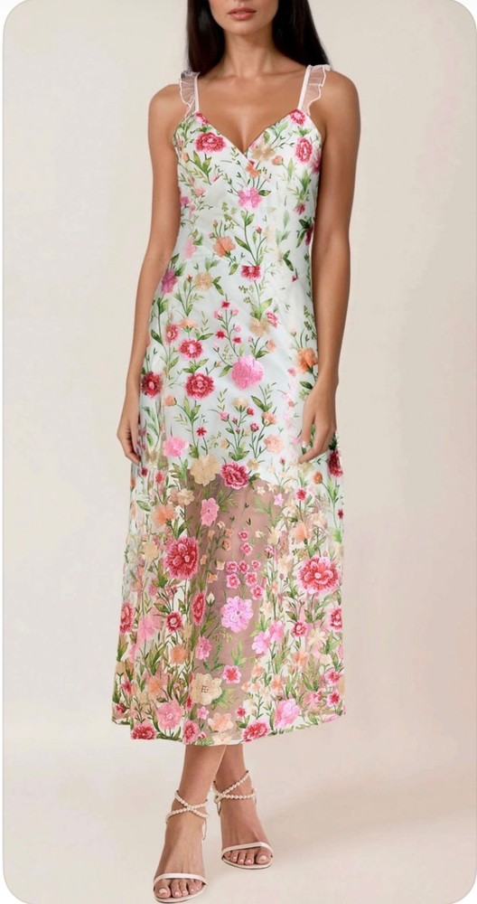 NEW Venus Women&rsquo;s Sheer Embroidered White/ Multi Floral Maxi Dress Medium M