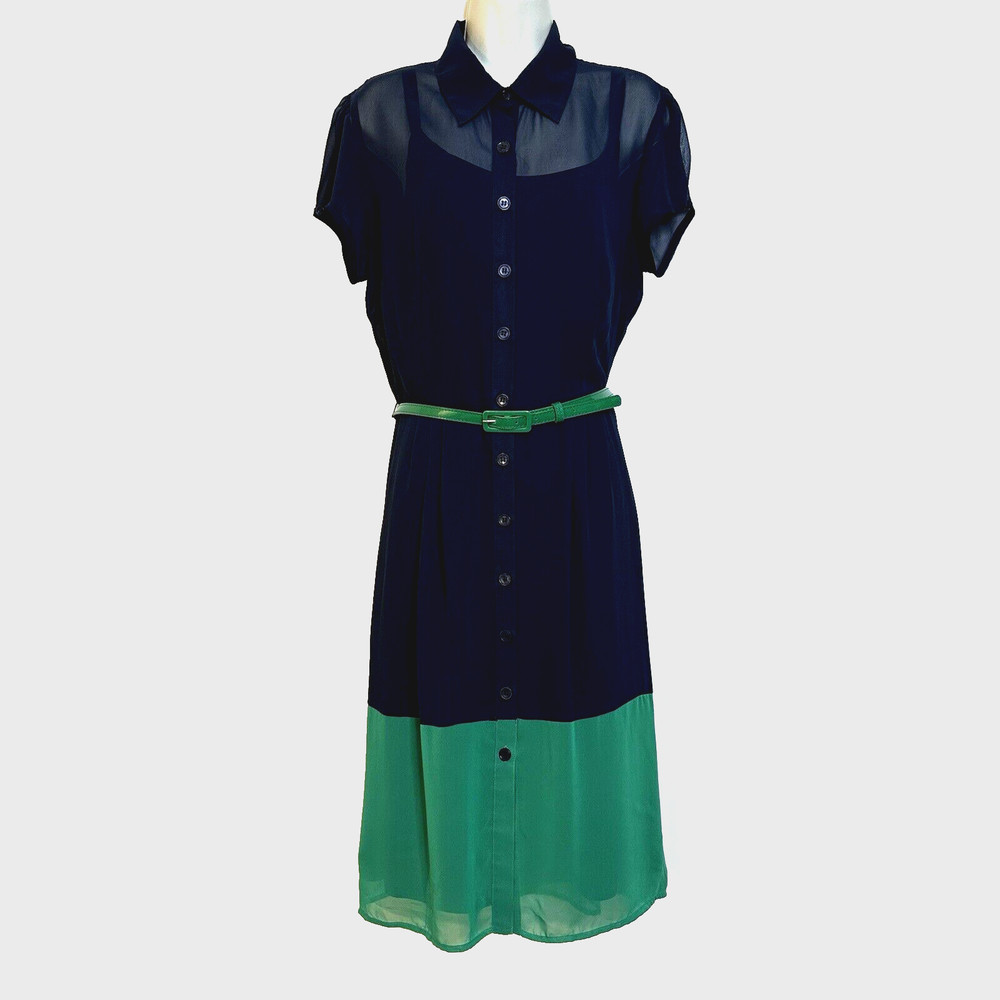 MSK Sheer Navy Blue Green Button Down Rockabilly Pinup Girl Dress Women&rsquo;s 12