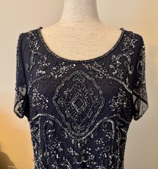 Pisarro Nights Navy Blue Beaded Sequin Mesh Gown Dress Size 16 Lined Art Deco