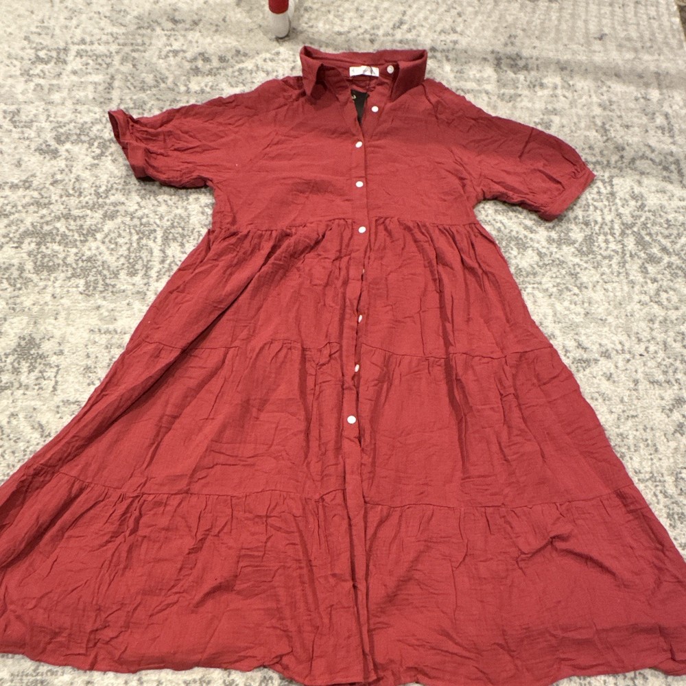 Red Solid Collared Button Front Pocket Short Sleeve maxi Dress S boho