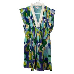 Jude Connally Womens Medium Blue Green Gold Abstract Pintuck Fringe Shift Dress