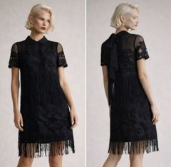 Maeve Anthropologie Black Lace Fringe Shift Dress XS Removable Collar Bow Back