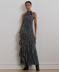 Lauren Ralph Lauren Paisley Belted Georgette Tiered Gown Women&rsquo;s 14 Navy/Cream