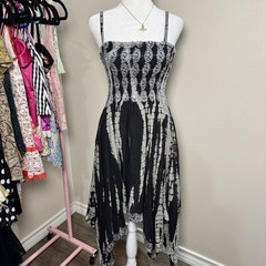 Smocked Spaghetti Strap Black Grey Tie-Dye Fairy Y2K Whimsigoth Summer Dress