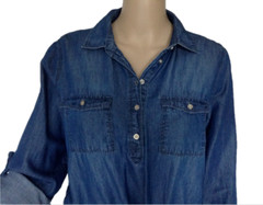 Gloria Vanderbilt, Small, Chambray Tencel Dress, Cinch Waist, Roll Tab Sleeves