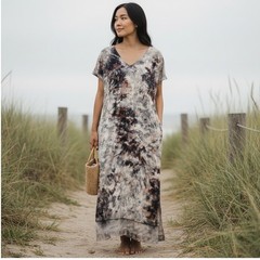 Earrant Tie Dye Velvet Maxi T-Shirt Dress V Neck High Low USA Made M Y2K EUC
