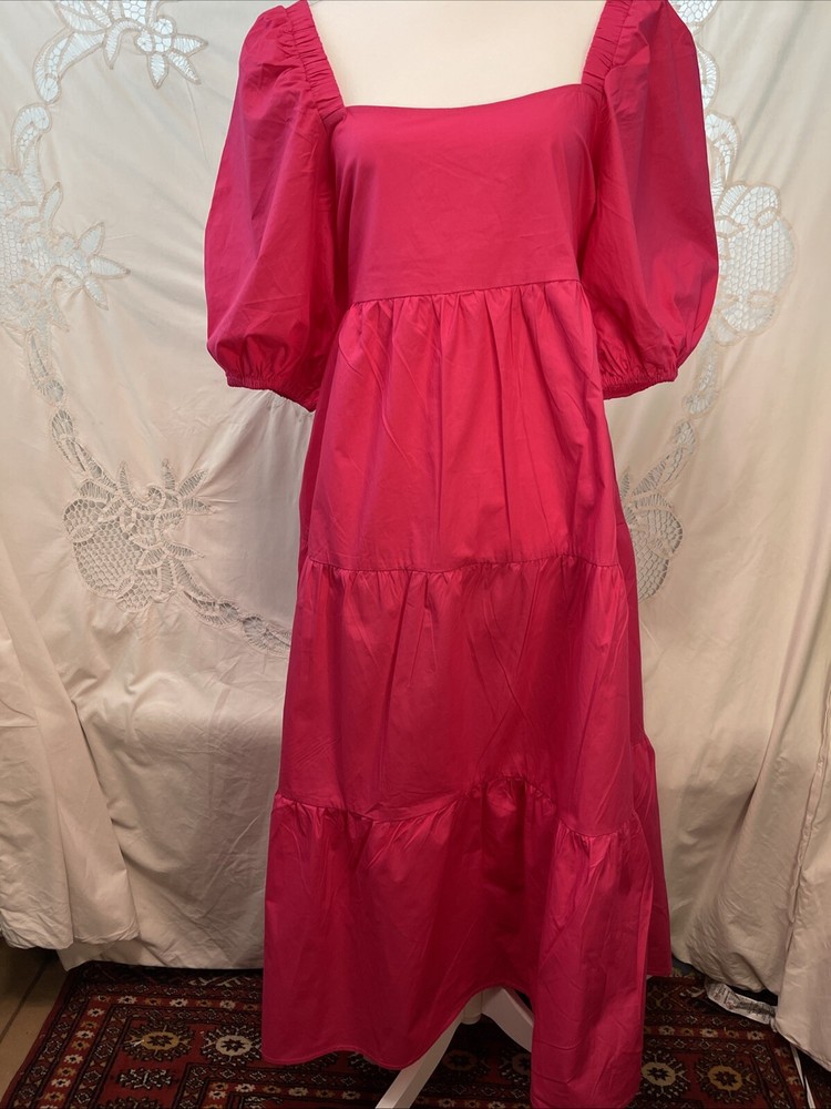 Minkpink $165 Yasamin Tiered Maxi Cotton Dress NEW Revolve Raspberry Pink L