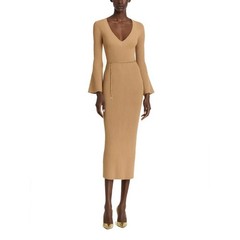 Michael Kors Women Camel Wool Knit Bell Sleeve V-neck Midi Sweater Dress Size M