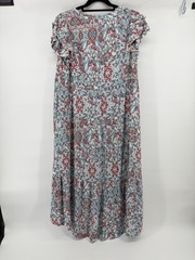 FRYE & CO Ruffled Tiered Maxi Dress XL Teal Red Floral Boho High Low Cottagecore