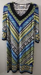 Chico&rsquo;s Black Blue Green Geo Boho Dress Size 0 US Small Knee V Neck 3/4 Sleeve