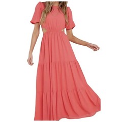 Aura Maxi Dress Medium Coral Pink Puff Sleeve Side Cutout Tiered Boho Resort