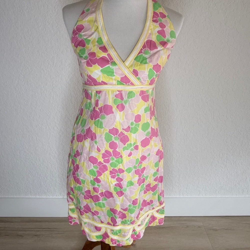 Lilly Pulitzer Floral Halter Dress Womens 10 Pink Yellow Green Preppy Ric-Rac